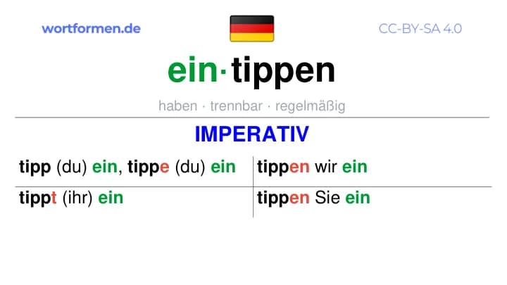 Imperativ des Verbs eintippen, Imperativbildung eintippen, Bildung Imperativ von eintippen, Imperativformen von eintippen, Befehlsformen eintippen
