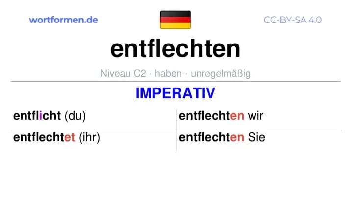 Imperativ des Verbs entflechten, Imperativbildung entflechten, Bildung Imperativ von entflechten, Imperativformen von entflechten, Befehlsformen entflechten