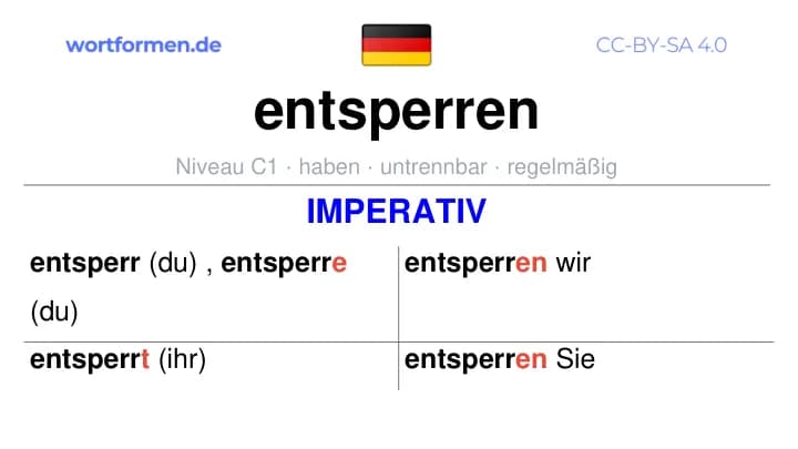 Imperativ des Verbs entsperren, Imperativbildung entsperren, Bildung Imperativ von entsperren, Imperativformen von entsperren, Befehlsformen entsperren
