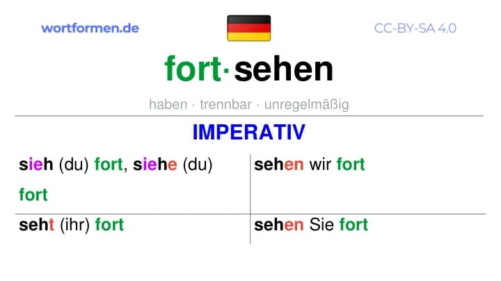 Imperativ des Verbs fortsehen, Imperativbildung fortsehen, Bildung Imperativ von fortsehen, Imperativformen von fortsehen, Befehlsformen fortsehen