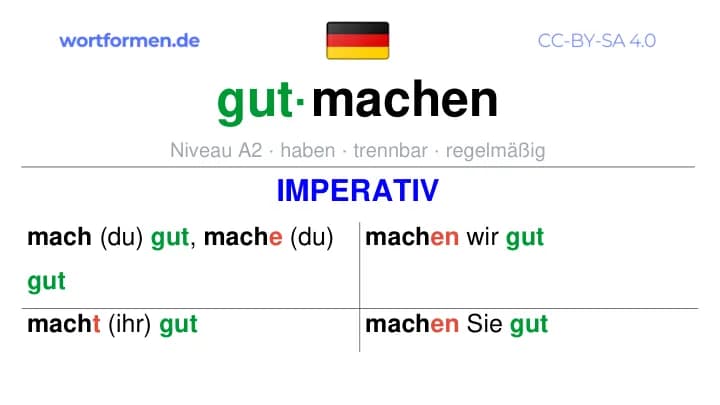 Imperativ des Verbs gutmachen, Imperativbildung gutmachen, Bildung Imperativ von gutmachen, Imperativformen von gutmachen, Befehlsformen gutmachen