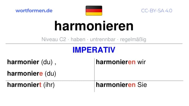 Imperativ des Verbs harmonieren, Imperativbildung harmonieren, Bildung Imperativ von harmonieren, Imperativformen von harmonieren, Befehlsformen harmonieren