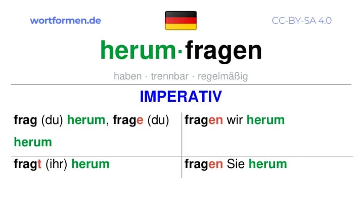 Imperativ des Verbs herumfragen, Imperativbildung herumfragen, Bildung Imperativ von herumfragen, Imperativformen von herumfragen, Befehlsformen herumfragen