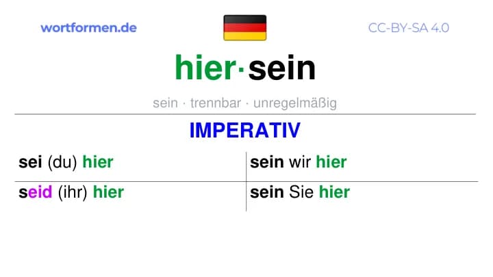 Imperativ des Verbs hiersein, Imperativbildung hiersein, Bildung Imperativ von hiersein, Imperativformen von hiersein, Befehlsformen hiersein