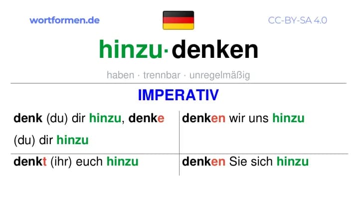 Imperativ des Verbs hinzudenken, Imperativbildung hinzudenken, Bildung Imperativ von hinzudenken, Imperativformen von hinzudenken, Befehlsformen hinzudenken