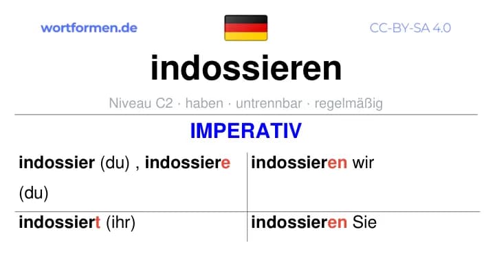 Imperativ des Verbs indossieren, Imperativbildung indossieren, Bildung Imperativ von indossieren, Imperativformen von indossieren, Befehlsformen indossieren