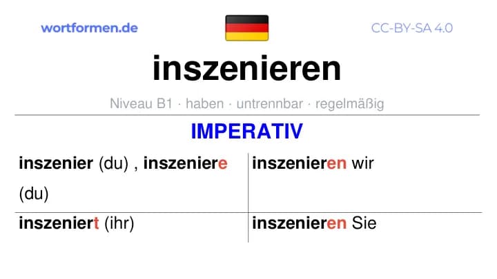 Imperativ des Verbs inszenieren, Imperativbildung inszenieren, Bildung Imperativ von inszenieren, Imperativformen von inszenieren, Befehlsformen inszenieren