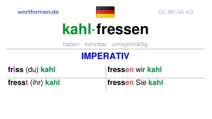 Imperativ des Verbs kahlfressen, Imperativbildung kahlfressen, Bildung Imperativ von kahlfressen, Imperativformen von kahlfressen, Befehlsformen kahlfressen