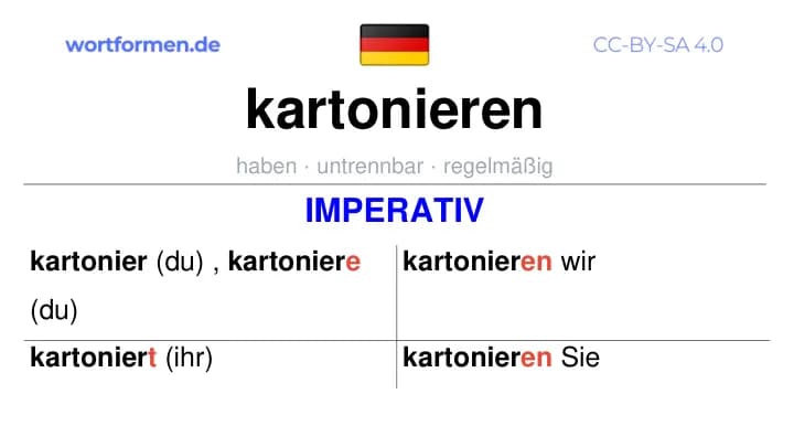 Imperativ des Verbs kartonieren, Imperativbildung kartonieren, Bildung Imperativ von kartonieren, Imperativformen von kartonieren, Befehlsformen kartonieren