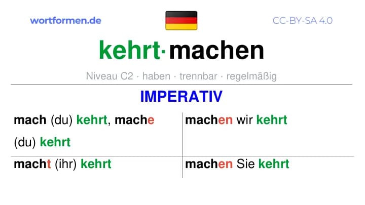 Imperativ des Verbs kehrtmachen, Imperativbildung kehrtmachen, Bildung Imperativ von kehrtmachen, Imperativformen von kehrtmachen, Befehlsformen kehrtmachen
