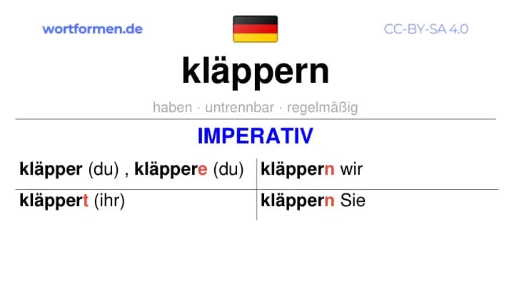 Imperativ des Verbs kläppern, Imperativbildung kläppern, Bildung Imperativ von kläppern, Imperativformen von kläppern, Befehlsformen kläppern