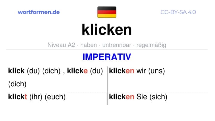 Imperativ des Verbs klicken, Imperativbildung klicken, Bildung Imperativ von klicken, Imperativformen von klicken, Befehlsformen klicken