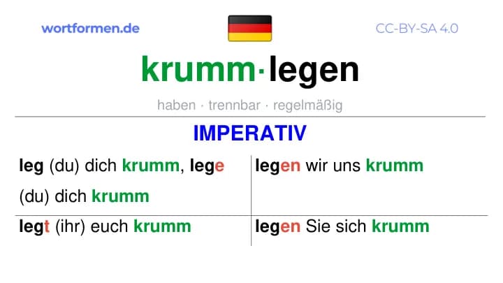 Imperativ des Verbs krummlegen, Imperativbildung krummlegen, Bildung Imperativ von krummlegen, Imperativformen von krummlegen, Befehlsformen krummlegen