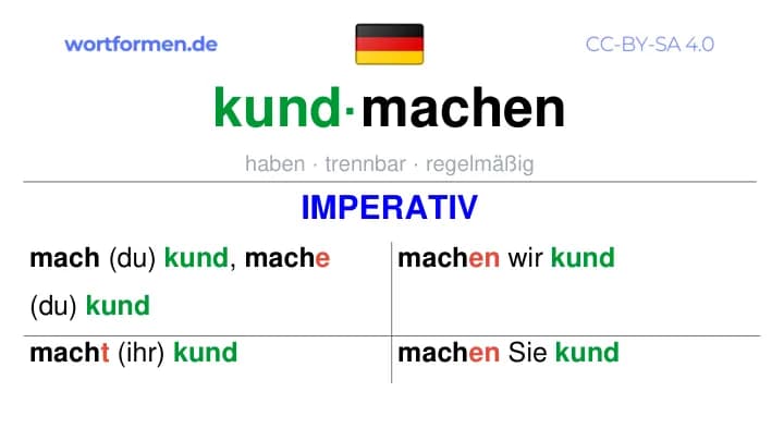 Imperativ des Verbs kundmachen, Imperativbildung kundmachen, Bildung Imperativ von kundmachen, Imperativformen von kundmachen, Befehlsformen kundmachen