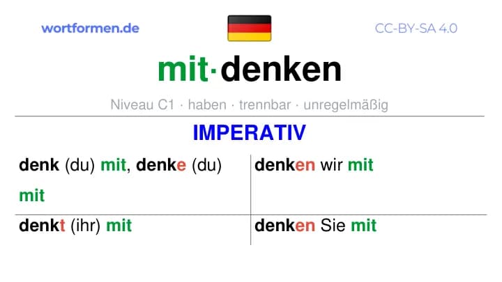 Imperativ des Verbs mitdenken, Imperativbildung mitdenken, Bildung Imperativ von mitdenken, Imperativformen von mitdenken, Befehlsformen mitdenken
