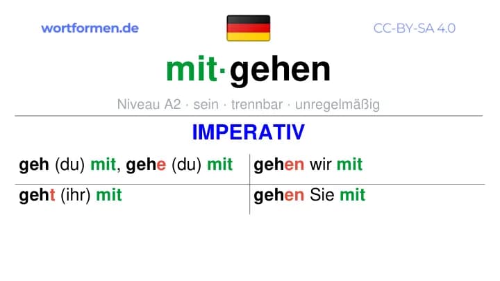 Imperativ des Verbs mitgehen, Imperativbildung mitgehen, Bildung Imperativ von mitgehen, Imperativformen von mitgehen, Befehlsformen mitgehen