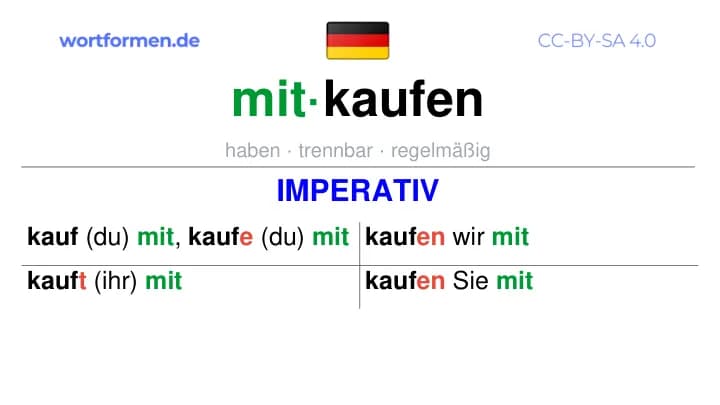 Imperativ des Verbs mitkaufen, Imperativbildung mitkaufen, Bildung Imperativ von mitkaufen, Imperativformen von mitkaufen, Befehlsformen mitkaufen