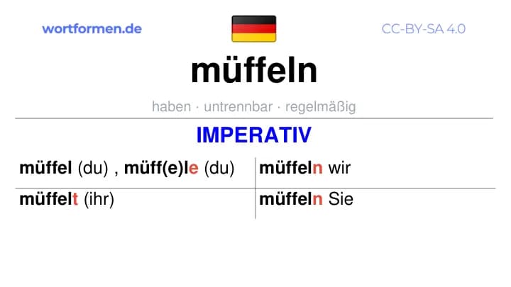 Imperativ des Verbs müffeln, Imperativbildung müffeln, Bildung Imperativ von müffeln, Imperativformen von müffeln, Befehlsformen müffeln