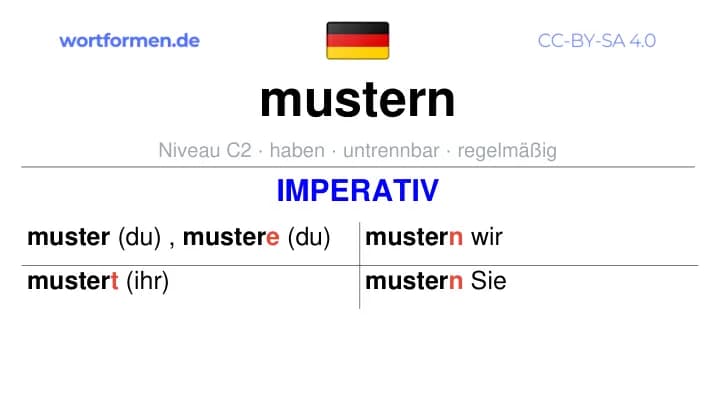 Imperativ des Verbs mustern, Imperativbildung mustern, Bildung Imperativ von mustern, Imperativformen von mustern, Befehlsformen mustern