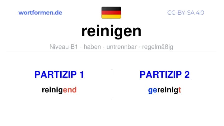 Partizip 1 des Verbs reinigen, Partizip 1 reinigen, Bildung Partizip I von reinigen, Partizip 2 des Verbs reinigen, Partizip 2 reinigen, Bildung Partizip II von reinigen