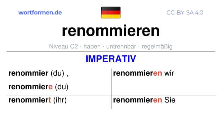 Imperativ des Verbs renommieren, Imperativbildung renommieren, Bildung Imperativ von renommieren, Imperativformen von renommieren, Befehlsformen renommieren