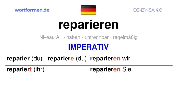 Imperativ des Verbs reparieren, Imperativbildung reparieren, Bildung Imperativ von reparieren, Imperativformen von reparieren, Befehlsformen reparieren