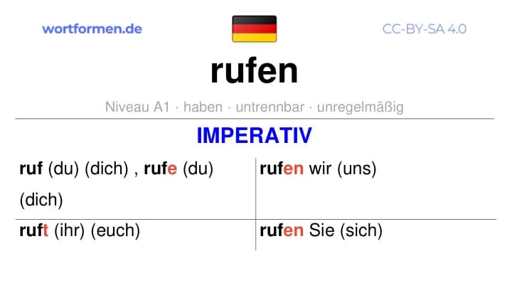 Imperativ des Verbs rufen, Imperativbildung rufen, Bildung Imperativ von rufen, Imperativformen von rufen, Befehlsformen rufen