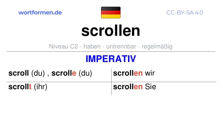 Imperativ des Verbs scrollen, Imperativbildung scrollen, Bildung Imperativ von scrollen, Imperativformen von scrollen, Befehlsformen scrollen