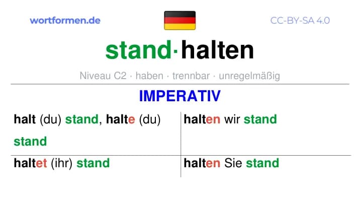 Imperativ des Verbs standhalten, Imperativbildung standhalten, Bildung Imperativ von standhalten, Imperativformen von standhalten, Befehlsformen standhalten