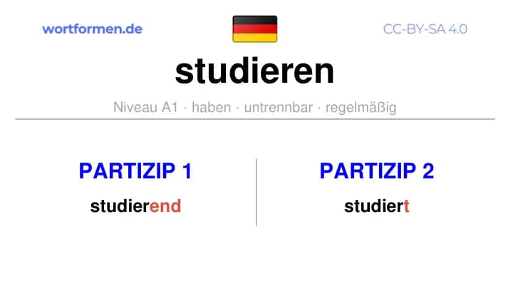Partizip 1 des Verbs studieren, Partizip 1 studieren, Bildung Partizip I von studieren, Partizip 2 des Verbs studieren, Partizip 2 studieren, Bildung Partizip II von studieren