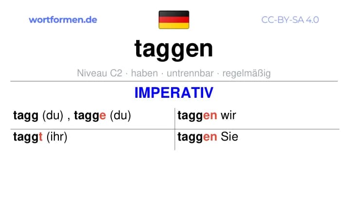 Imperativ des Verbs taggen, Imperativbildung taggen, Bildung Imperativ von taggen, Imperativformen von taggen, Befehlsformen taggen