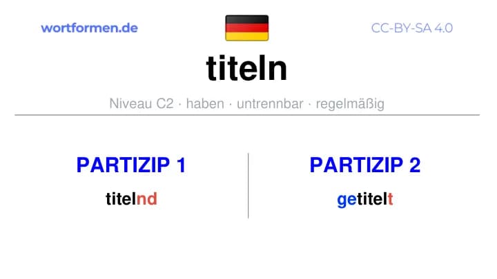 Partizip 1 des Verbs titeln, Partizip 1 titeln, Bildung Partizip I von titeln, Partizip 2 des Verbs titeln, Partizip 2 titeln, Bildung Partizip II von titeln