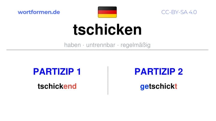 Partizip 1 des Verbs tschicken, Partizip 1 tschicken, Bildung Partizip I von tschicken, Partizip 2 des Verbs tschicken, Partizip 2 tschicken, Bildung Partizip II von tschicken