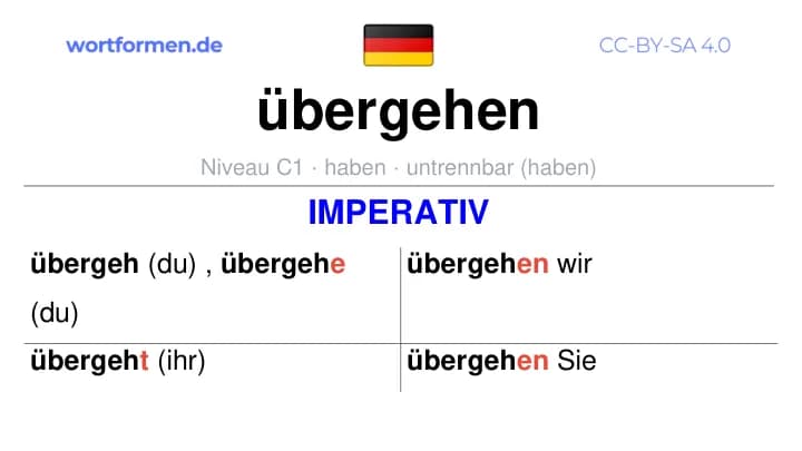 Imperativ des Verbs übergehen, Imperativbildung übergehen, Bildung Imperativ von übergehen, Imperativformen von übergehen, Befehlsformen übergehen