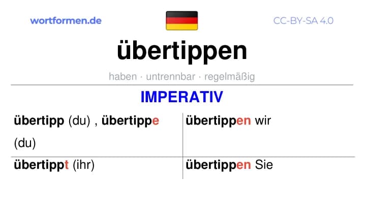 Imperativ des Verbs übertippen, Imperativbildung übertippen, Bildung Imperativ von übertippen, Imperativformen von übertippen, Befehlsformen übertippen