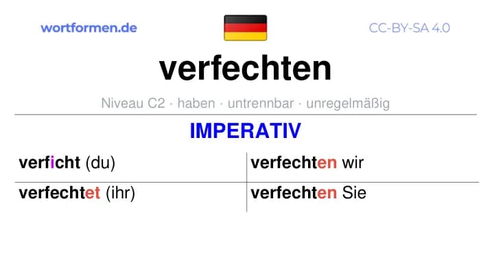 Imperativ des Verbs verfechten, Imperativbildung verfechten, Bildung Imperativ von verfechten, Imperativformen von verfechten, Befehlsformen verfechten