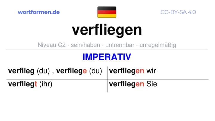 Imperativ des Verbs verfliegen, Imperativbildung verfliegen, Bildung Imperativ von verfliegen, Imperativformen von verfliegen, Befehlsformen verfliegen
