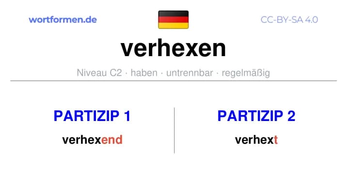 Partizip 1 des Verbs verhexen, Partizip 1 verhexen, Bildung Partizip I von verhexen, Partizip 2 des Verbs verhexen, Partizip 2 verhexen, Bildung Partizip II von verhexen