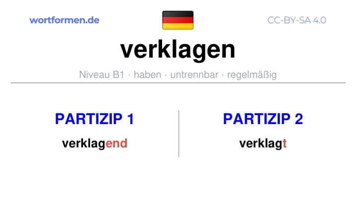 Partizip 1 des Verbs verklagen, Partizip 1 verklagen, Bildung Partizip I von verklagen, Partizip 2 des Verbs verklagen, Partizip 2 verklagen, Bildung Partizip II von verklagen