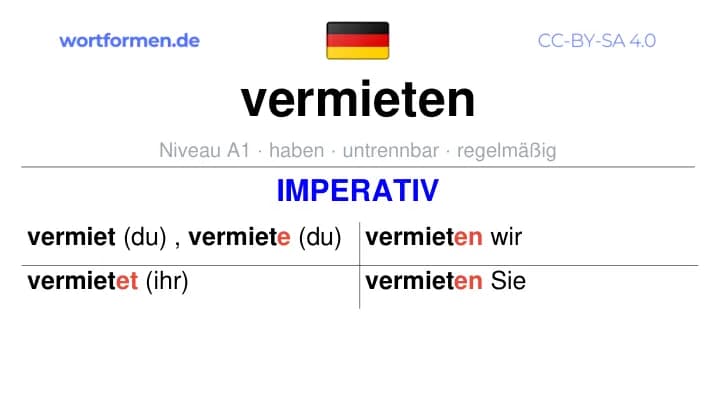 Imperativ des Verbs vermieten, Imperativbildung vermieten, Bildung Imperativ von vermieten, Imperativformen von vermieten, Befehlsformen vermieten