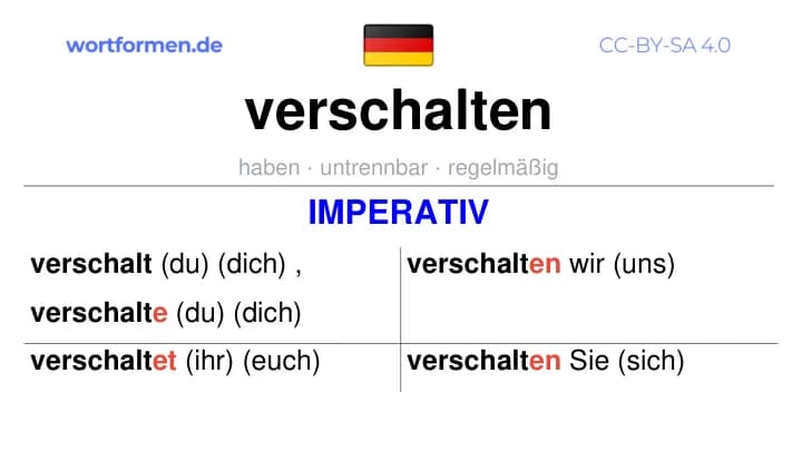 Imperativ des Verbs verschalten, Imperativbildung verschalten, Bildung Imperativ von verschalten, Imperativformen von verschalten, Befehlsformen verschalten
