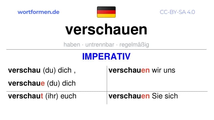 Imperativ des Verbs verschauen, Imperativbildung verschauen, Bildung Imperativ von verschauen, Imperativformen von verschauen, Befehlsformen verschauen