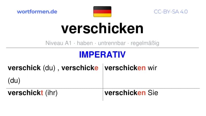 Imperativ des Verbs verschicken, Imperativbildung verschicken, Bildung Imperativ von verschicken, Imperativformen von verschicken, Befehlsformen verschicken