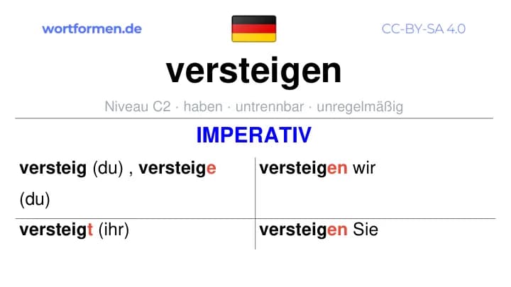 Imperativ des Verbs versteigen, Imperativbildung versteigen, Bildung Imperativ von versteigen, Imperativformen von versteigen, Befehlsformen versteigen