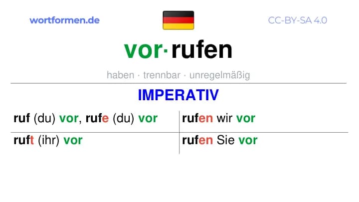 Imperativ des Verbs vorrufen, Imperativbildung vorrufen, Bildung Imperativ von vorrufen, Imperativformen von vorrufen, Befehlsformen vorrufen