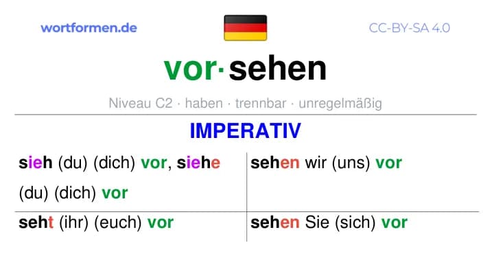 Imperativ des Verbs vorsehen, Imperativbildung vorsehen, Bildung Imperativ von vorsehen, Imperativformen von vorsehen, Befehlsformen vorsehen