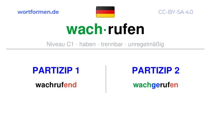 Partizip 1 des Verbs wachrufen, Partizip 1 wachrufen, Bildung Partizip I von wachrufen, Partizip 2 des Verbs wachrufen, Partizip 2 wachrufen, Bildung Partizip II von wachrufen