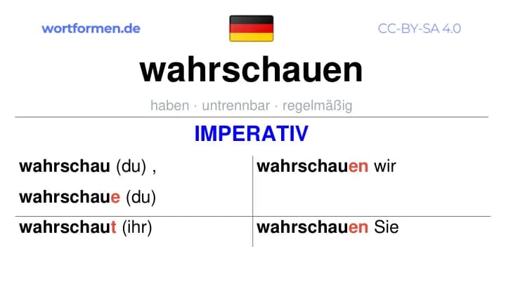 Imperativ des Verbs wahrschauen, Imperativbildung wahrschauen, Bildung Imperativ von wahrschauen, Imperativformen von wahrschauen, Befehlsformen wahrschauen