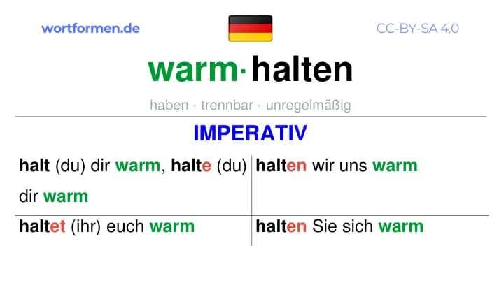 Imperativ des Verbs warmhalten, Imperativbildung warmhalten, Bildung Imperativ von warmhalten, Imperativformen von warmhalten, Befehlsformen warmhalten
