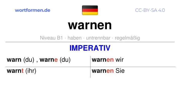 Imperativ des Verbs warnen, Imperativbildung warnen, Bildung Imperativ von warnen, Imperativformen von warnen, Befehlsformen warnen